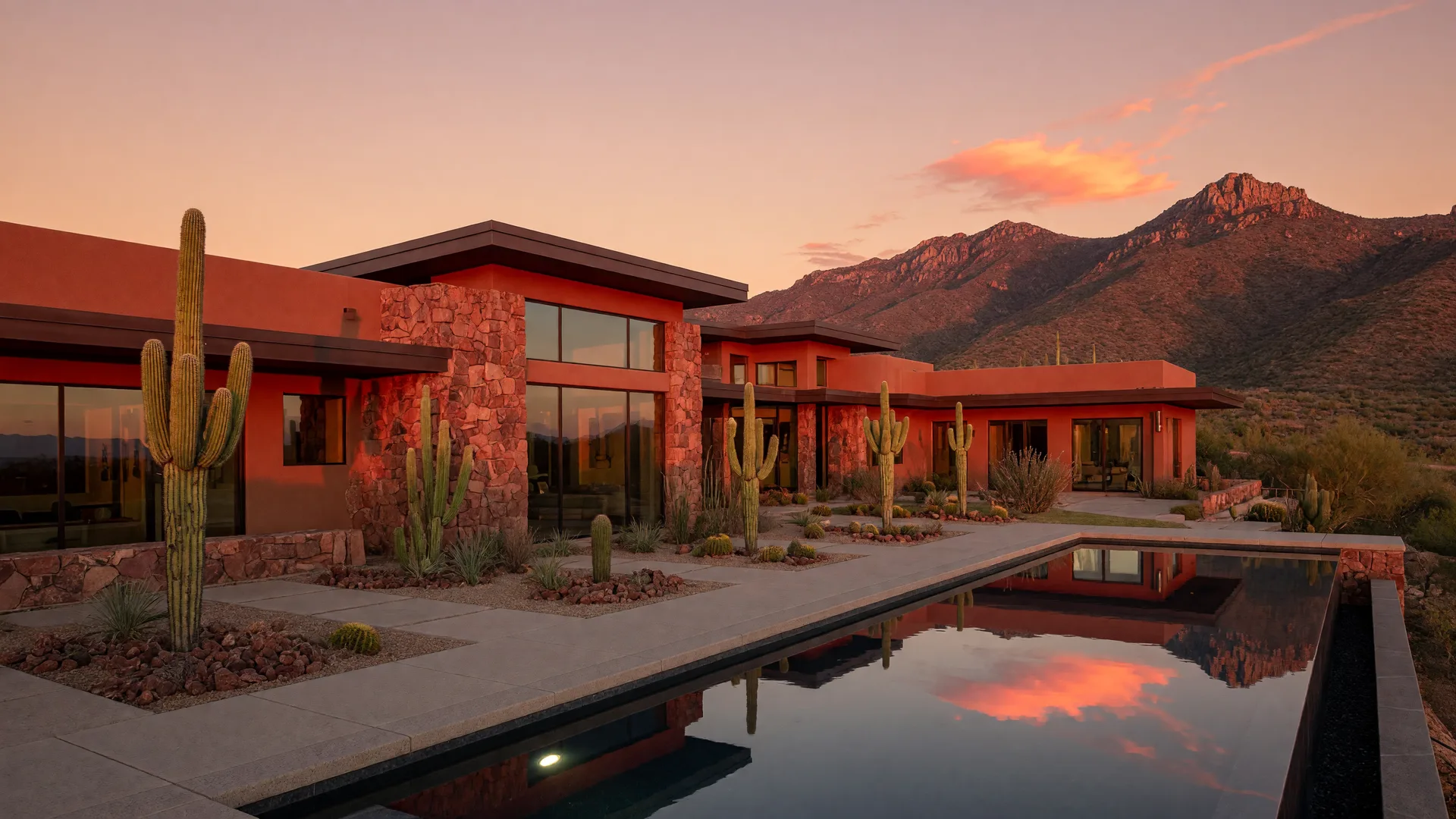 A modern luxury desert estate in the Phoenix foothills at golden hour with an infinity pool and saguaro cacti