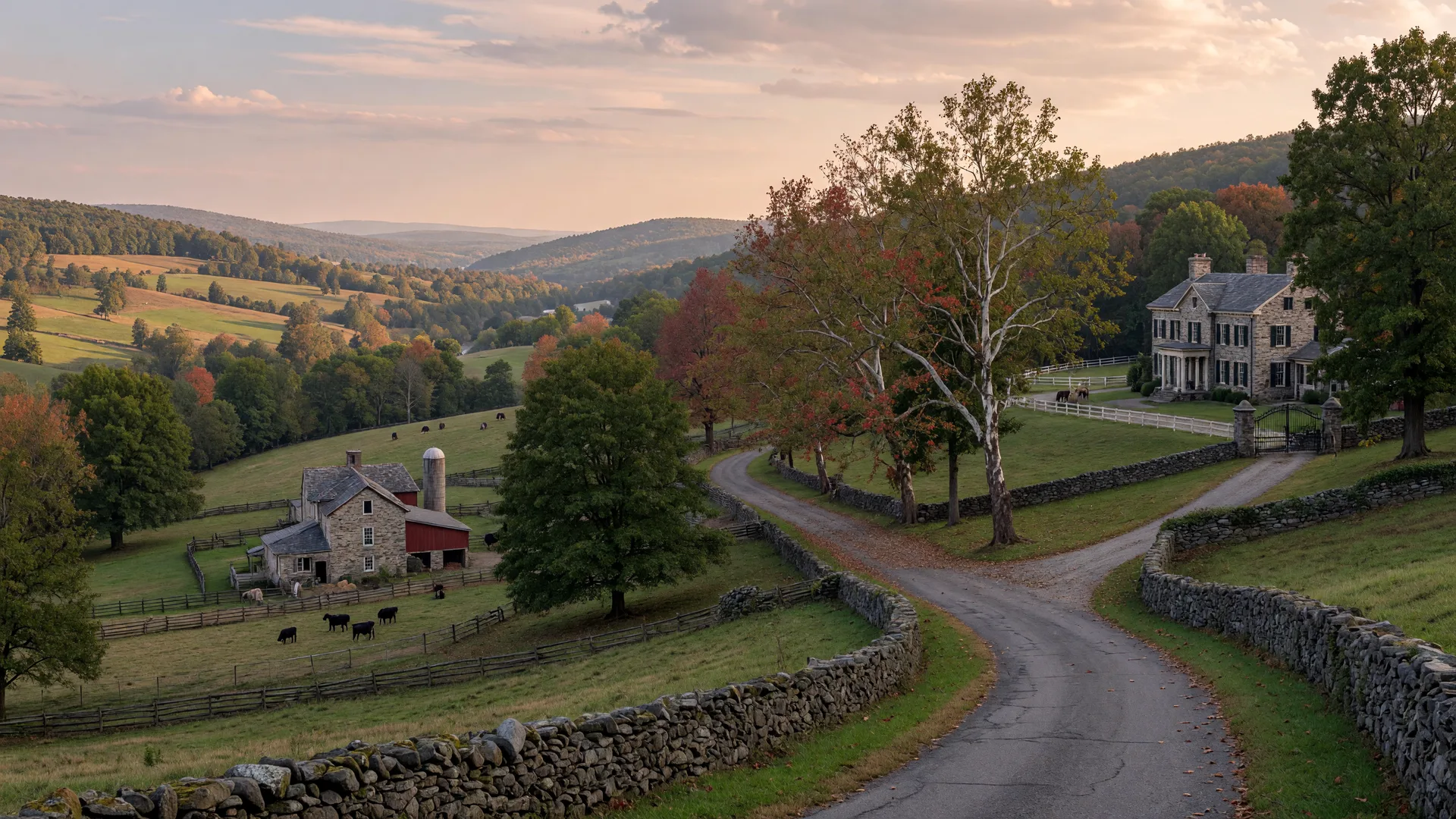 Rolling countryside and a stone farmhouse in Lower Gwynedd Township, Pennsylvania in late-day light