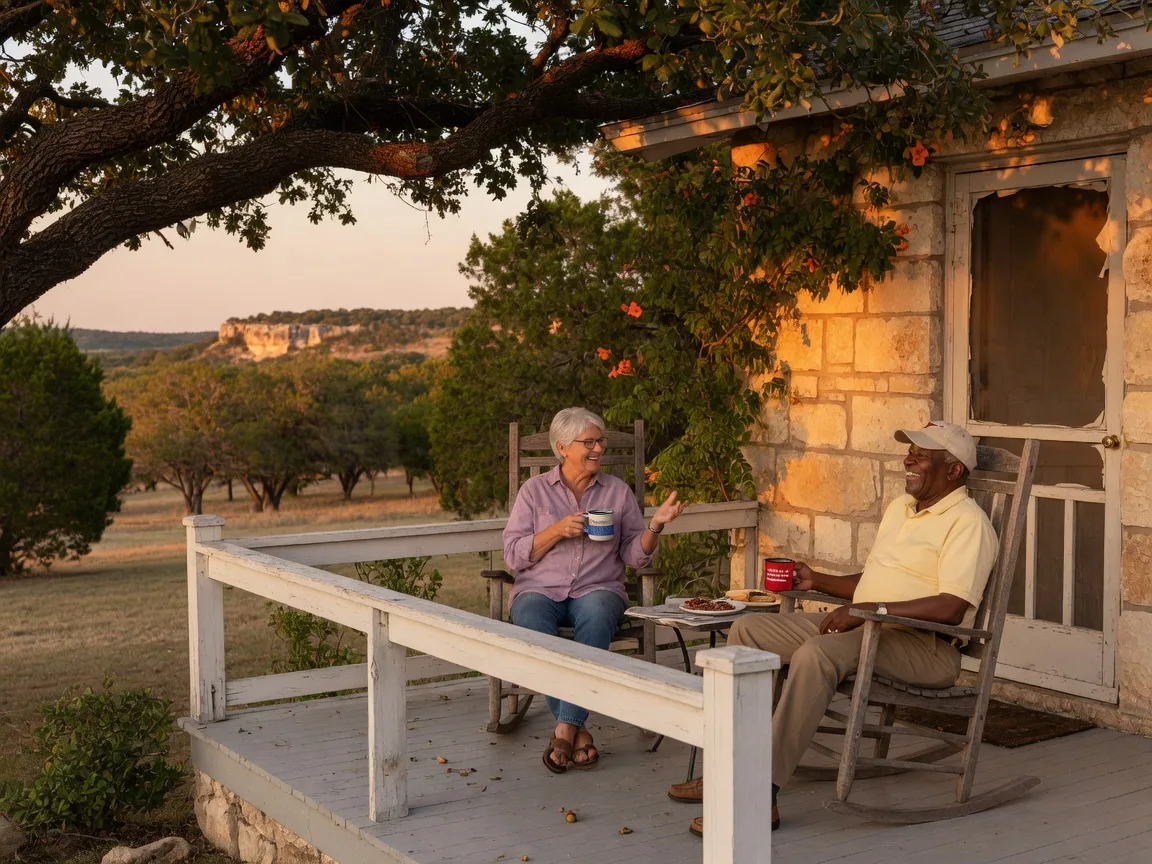Two neighbors chatting on rocking chairs on a Texas Hill Country front porch at golden hour, with live oak trees and limestone stonework visible