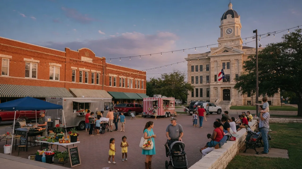 A warm summer evening on a small-town Texas courthouse square in Northeast Texas with string lights, families, and a farmers market