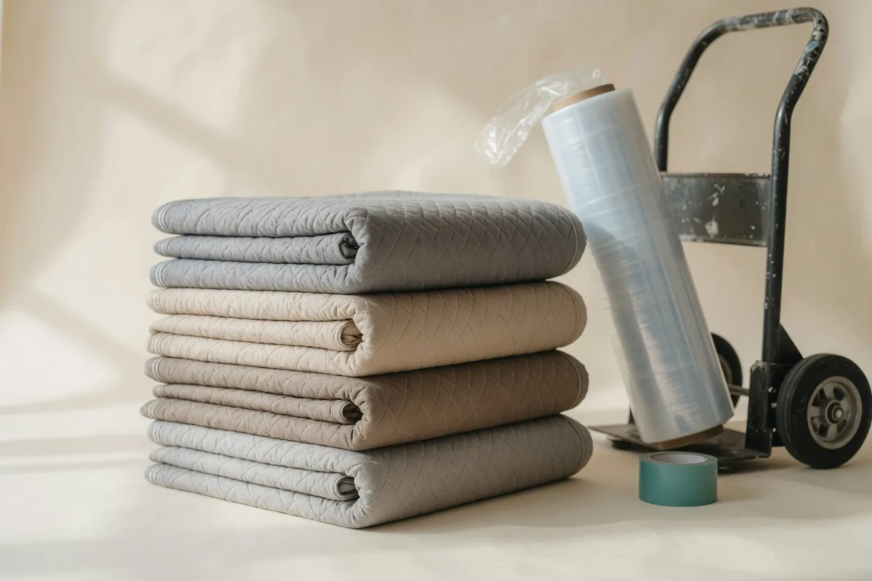 Folded padded moving blankets in neutral tones, styled as a premium editorial product photograph
