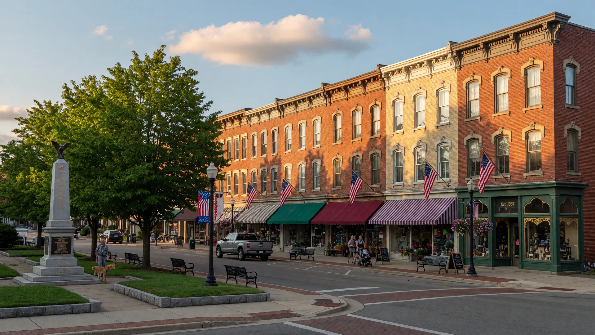 Nineteenth-century brick storefronts and a landscaped square in downtown Painesville Ohio