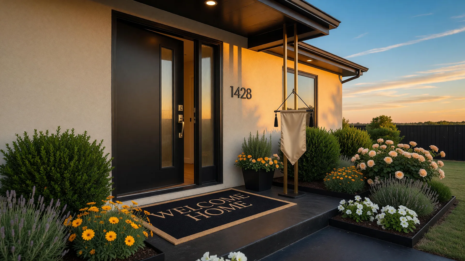 Welcoming home entrance with warm golden-hour light in a Tulsa-area neighborhood