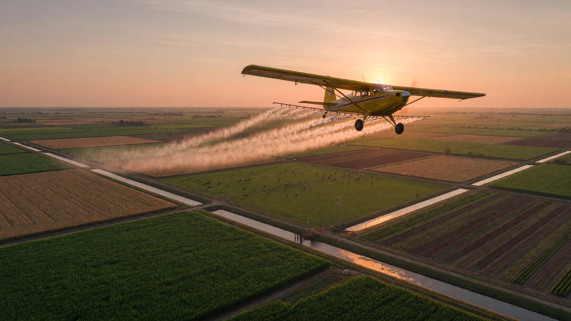 Fixed-wing aircraft spraying mosquito control mist over inland farmland in western Palm Beach County, Florida