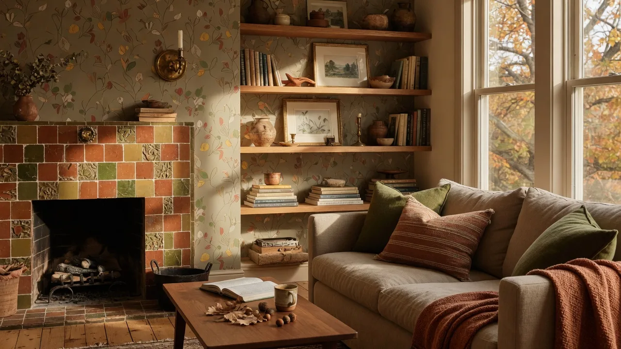 A warm living room in golden autumn light with a linen sofa in warm taupe, moss green cushions, a zellige tile fireplace, aged brass sconces, oak shelving with vintage books and art, and a muted botanical wallpaper accent wall.