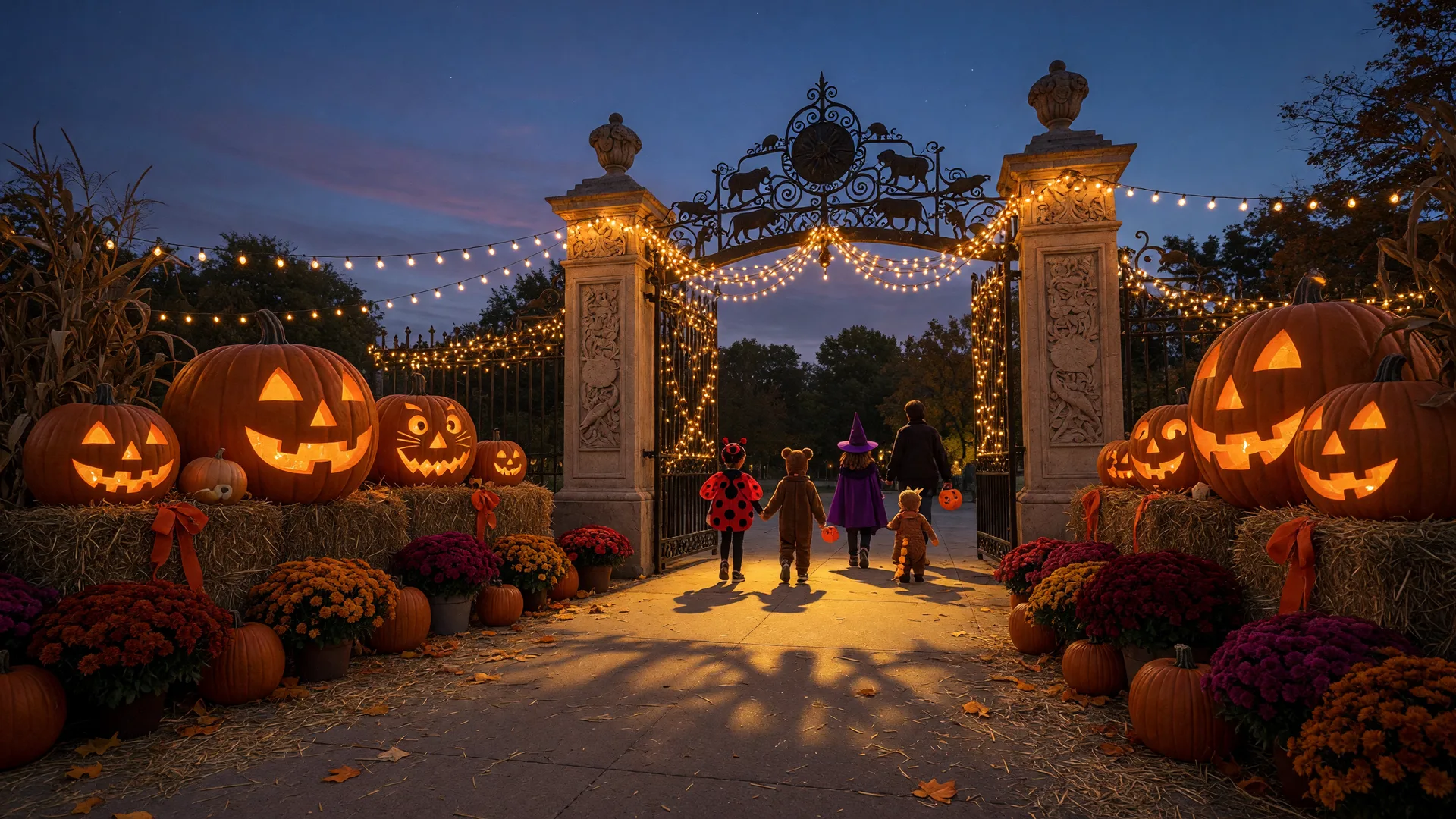 Zoo entrance decorated with glowing jack-o-lanterns and string lights for a family Halloween celebration at dusk