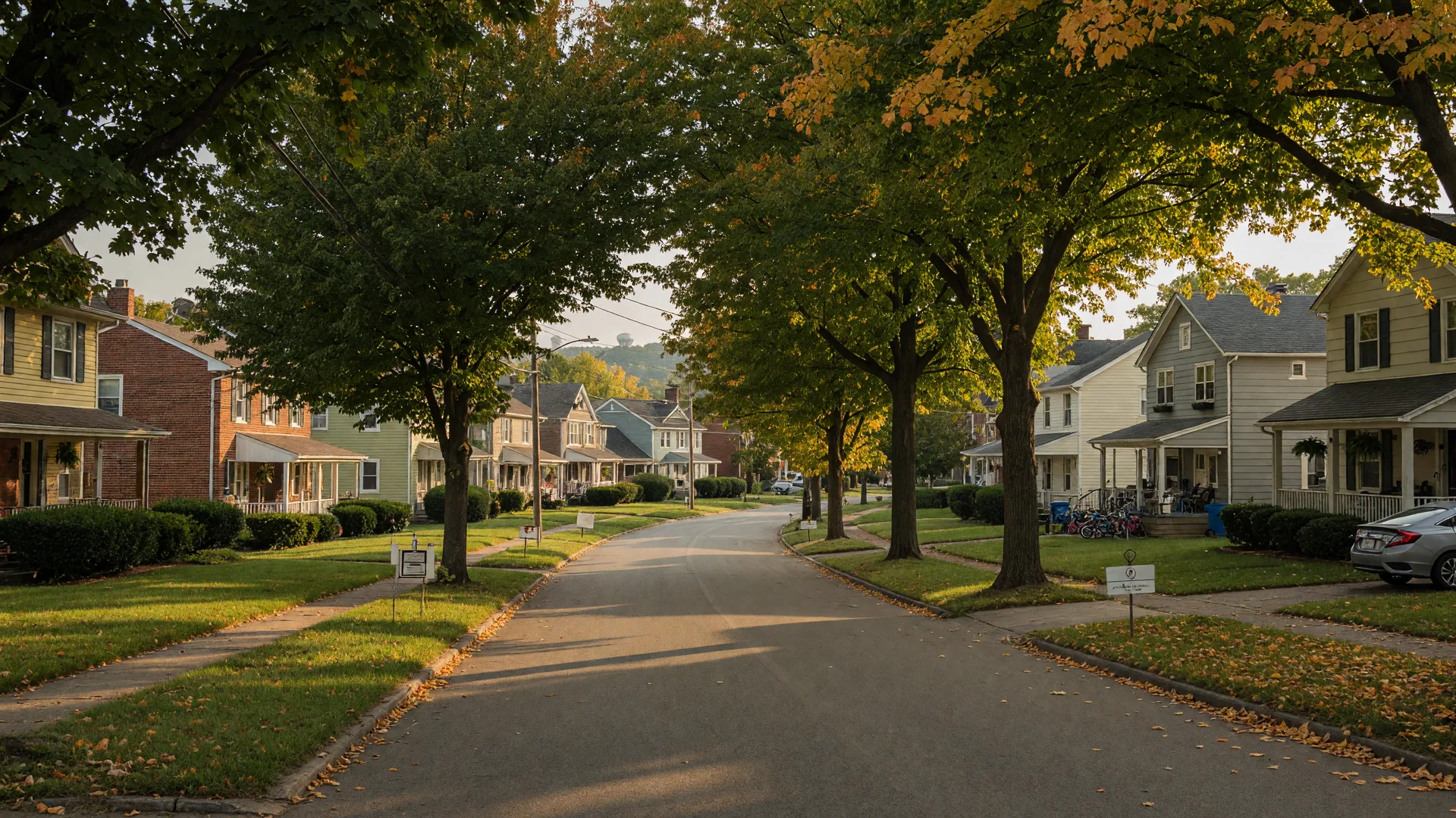 Tree-lined suburban street in Cincinnati with early fall colors