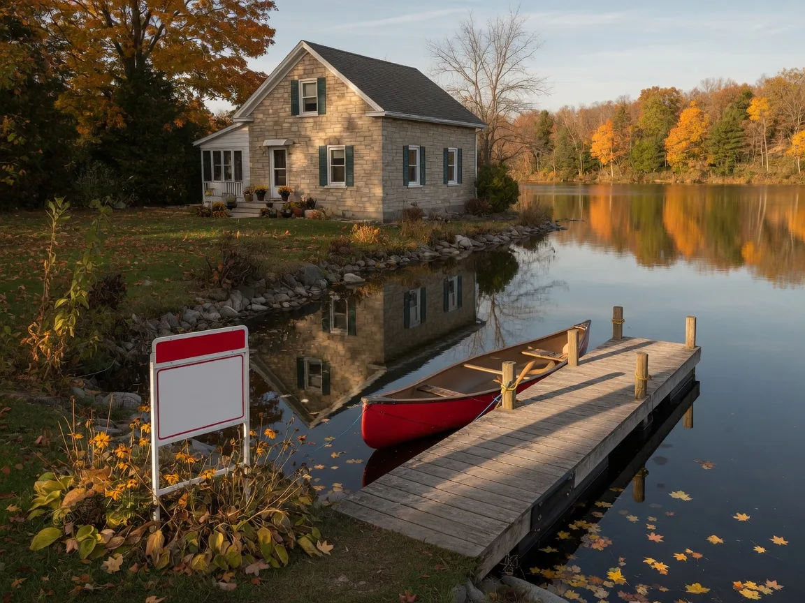 A waterfront home with a wooden dock and canoe on the shore of Lake Scugog near Port Perry in late October, with autumn trees reflected in the calm water and a real estate yard sign in the garden