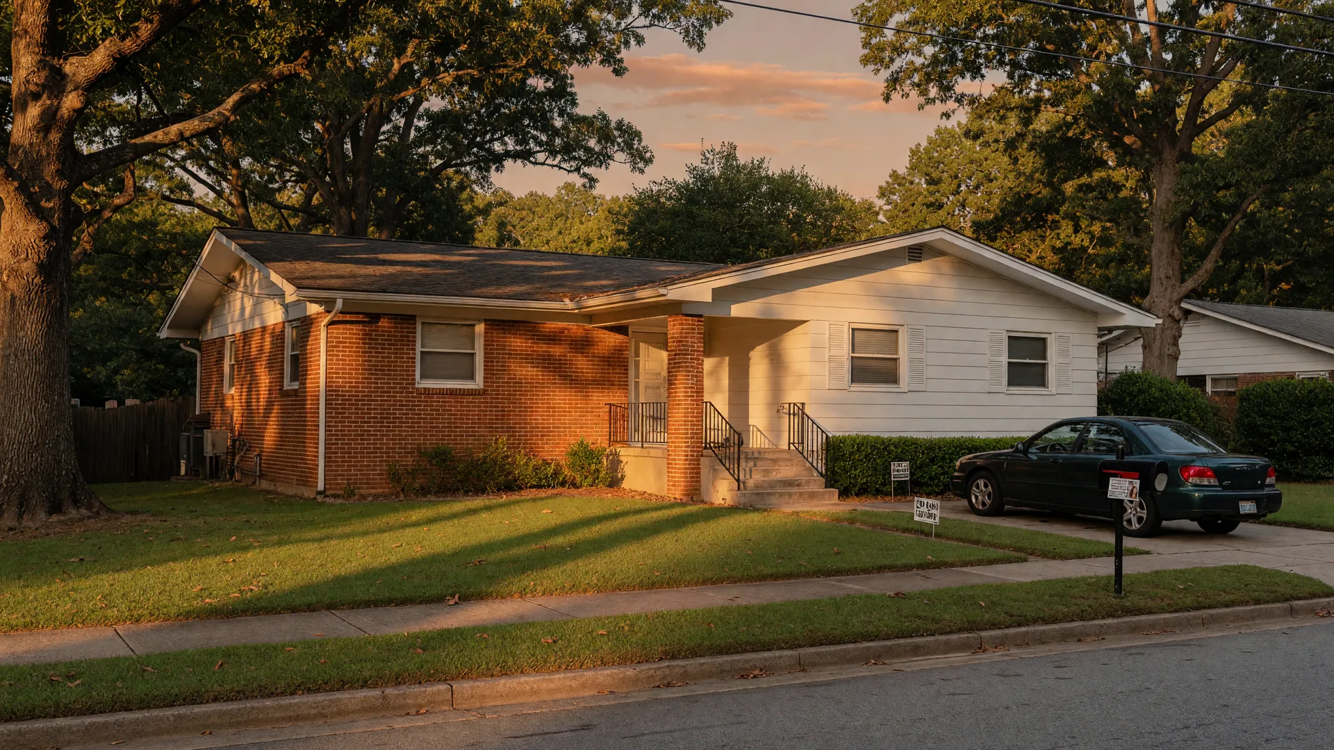 A classic Atlanta brick and siding ranch home at golden hour with a discreet private-sale sign in the front yard, representing an off-market home that never hit the public listings