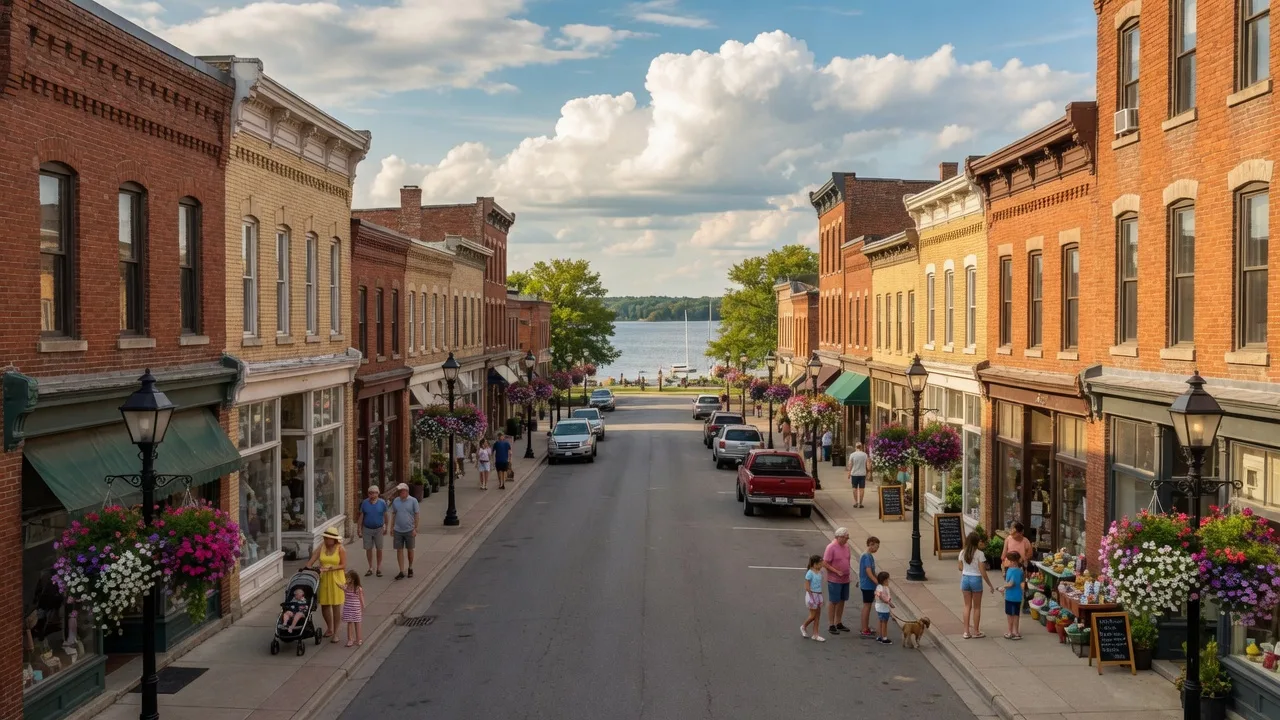Historic Queen Street in downtown Port Perry on a sunny late summer afternoon with heritage storefronts, flower baskets, and Lake Scugog in the distance