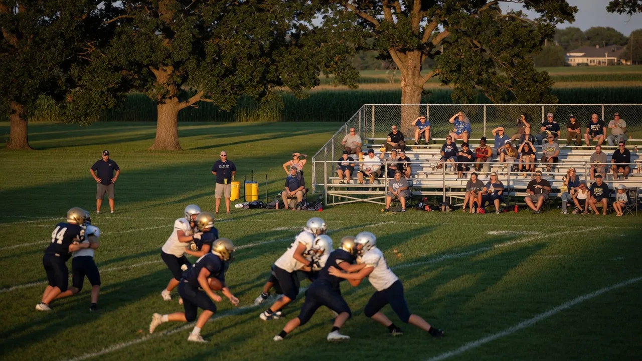 A mid-August evening high school football scrimmage in rural Clinton County, Ohio with players in navy and white uniforms on a grass field under golden afternoon light