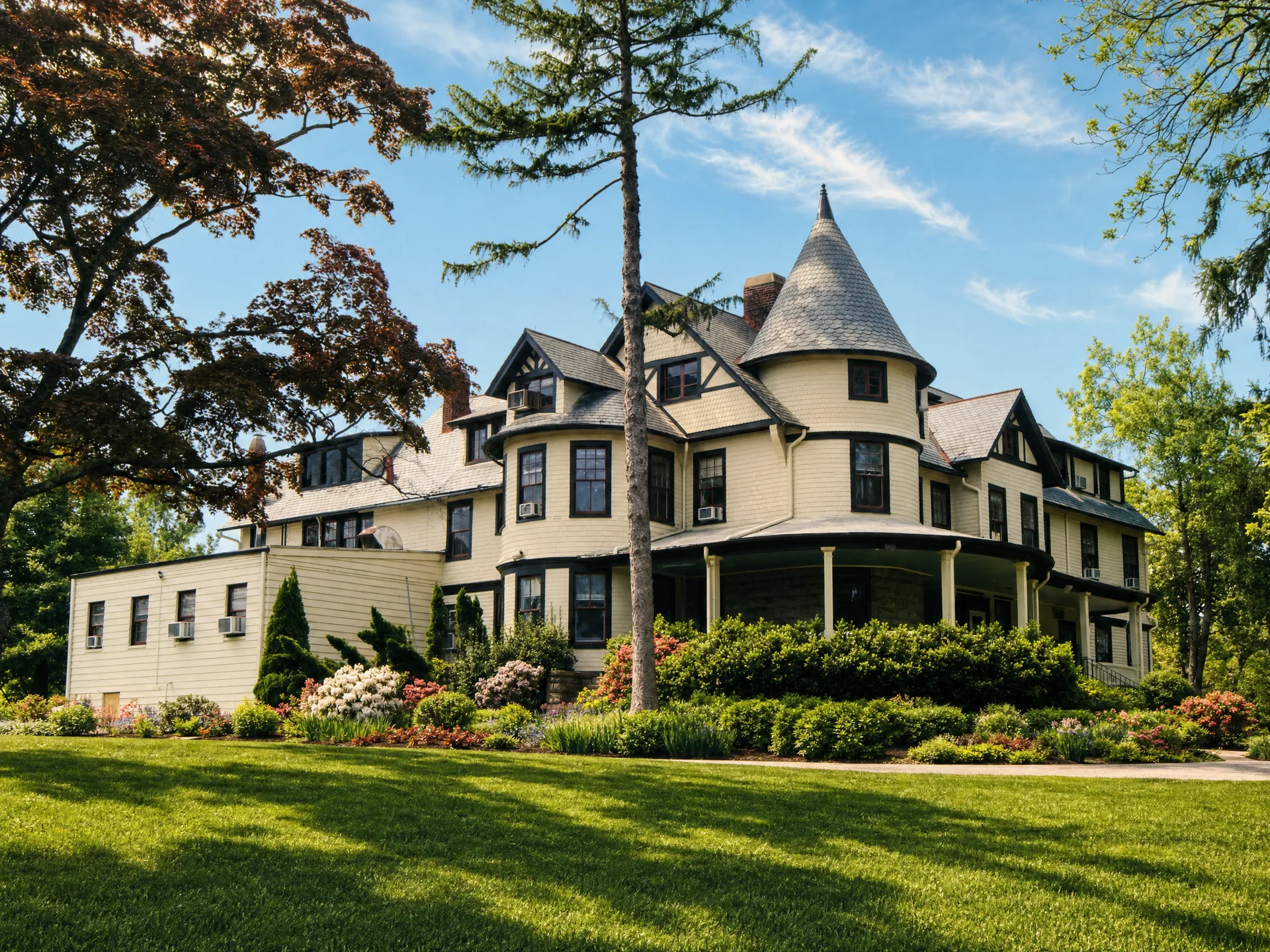 A restored Victorian Queen Anne home on a tree-lined street in Kensington, Maryland