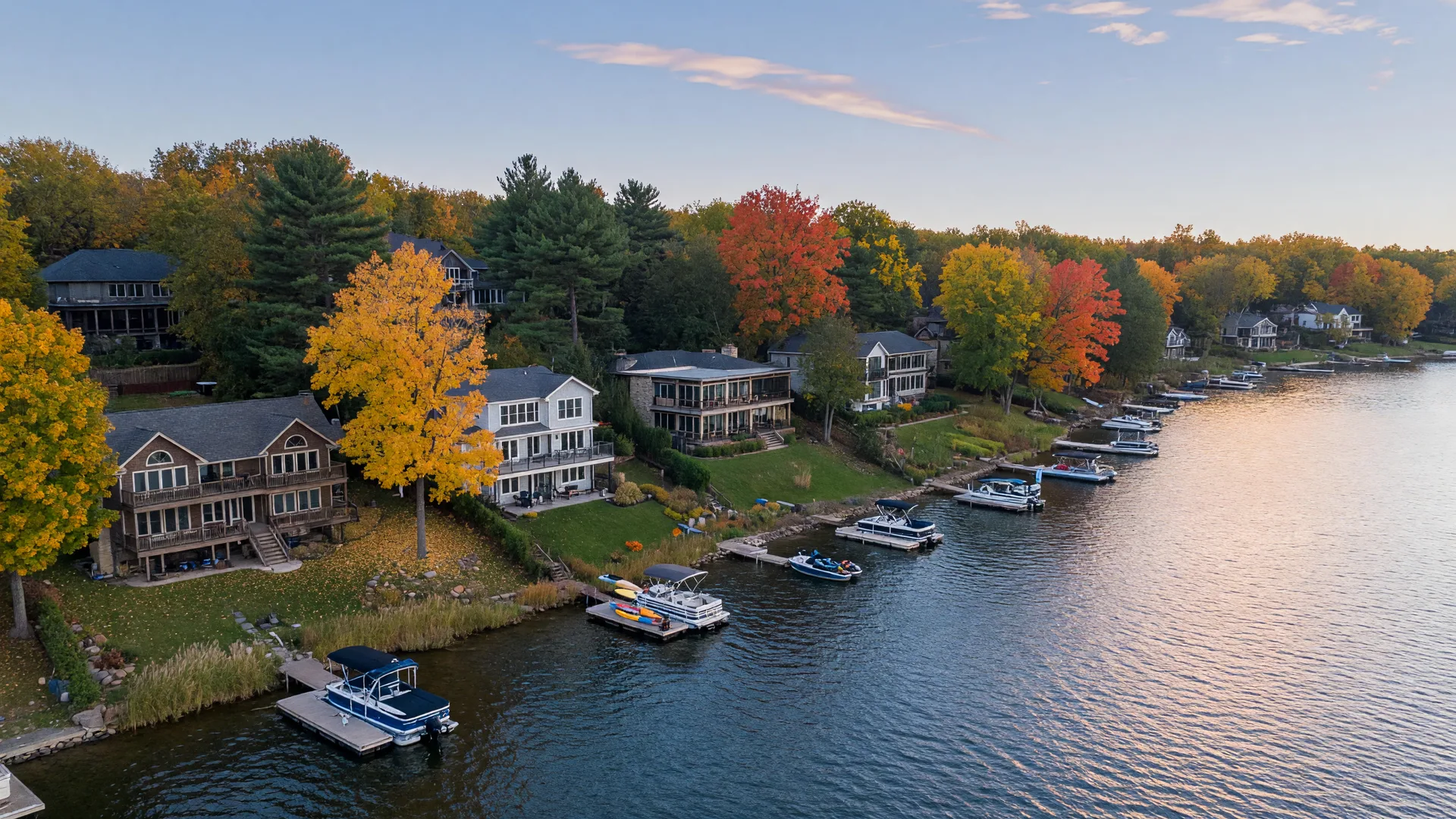 Aerial view of upscale lakefront homes with private docks along a wooded central Minnesota shoreline in early fall