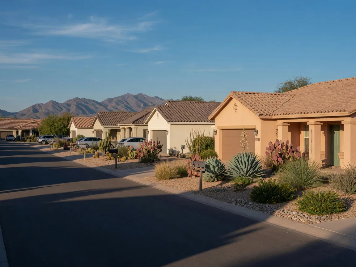 A quiet residential street in Gilbert, Arizona on a clear early October morning with modern Southwestern homes, desert landscaping, and the San Tan Mountains on the horizon
