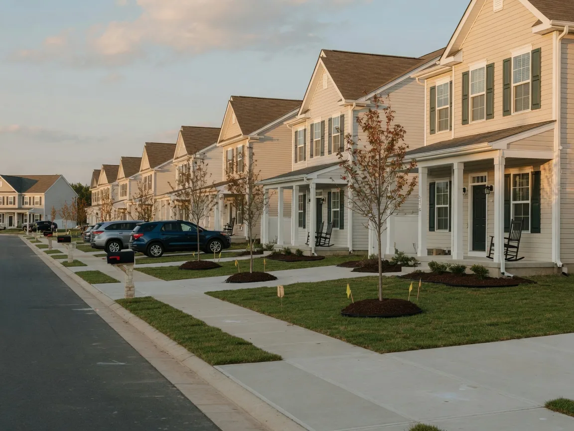 A quiet street of brand-new Colonial homes with front porches and young trees in a Potomac Shores-style planned community