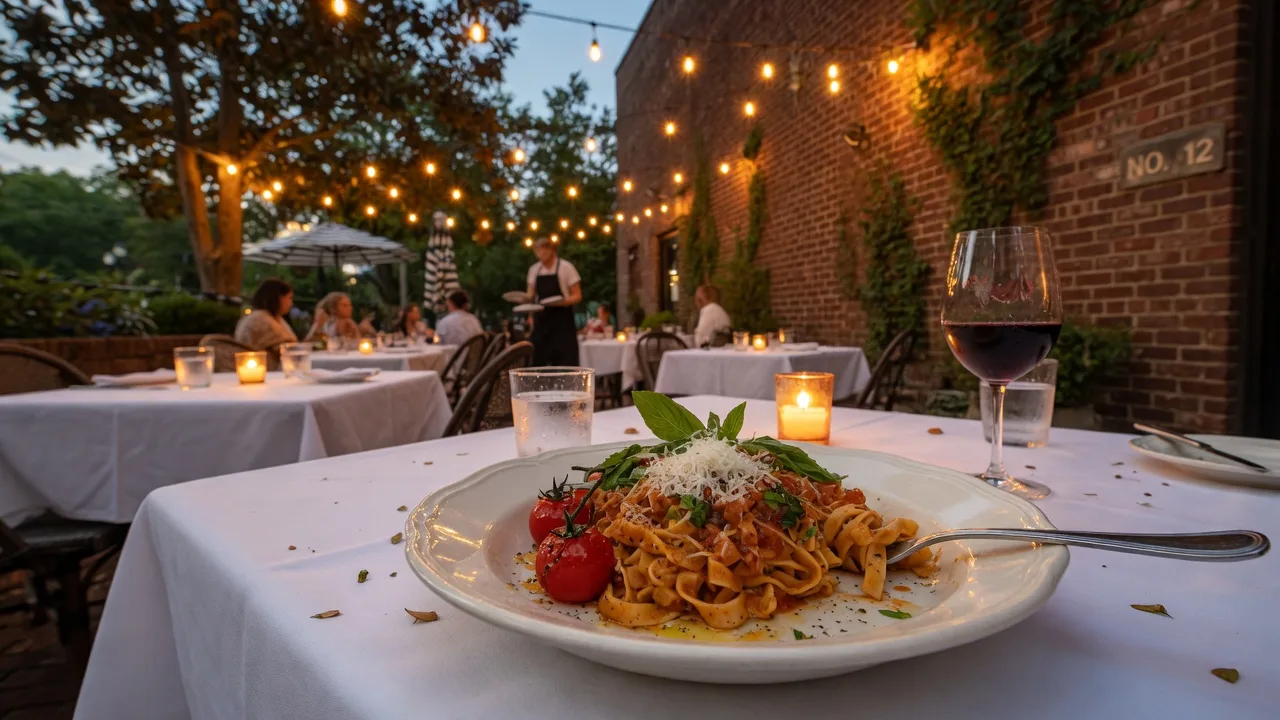 Beautifully plated pasta dish at an outdoor restaurant patio in Charlotte NC with string lights at golden hour