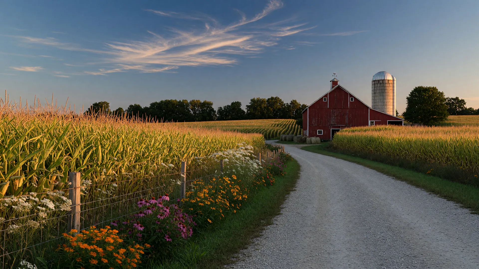 Rolling Wisconsin cornfields at golden hour with a red barn and gravel lane