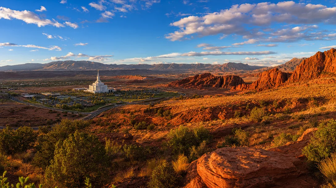 St. George, Utah — red rock desert landscape with red sandstone cliffs, the St. George Temple, and the dramatic Mojave Desert setting