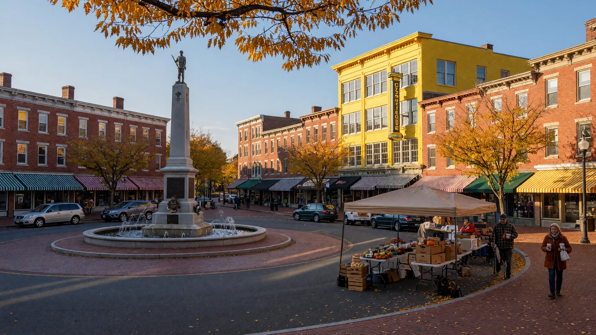 Centre Square in downtown Easton on a crisp October morning, the fountain at the circle, red-brick storefronts with awnings, the Crayola Experience building, trees turning gold and orange, pedestrians with coffee cups, market stalls setting up at the curb in warm autumn light