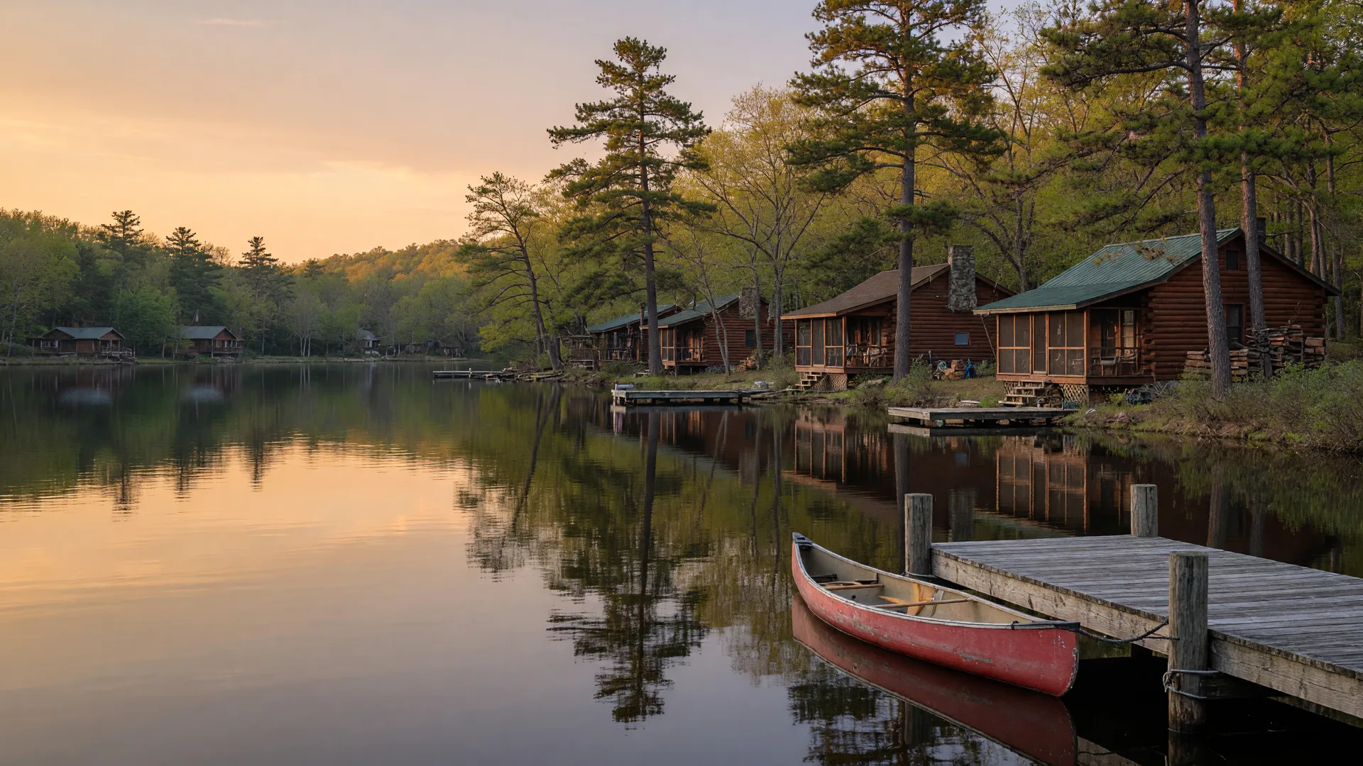 Tranquil spring-fed lake in Medford Lakes NJ with log cabin homes, pine trees, and a wooden dock with a canoe at golden hour