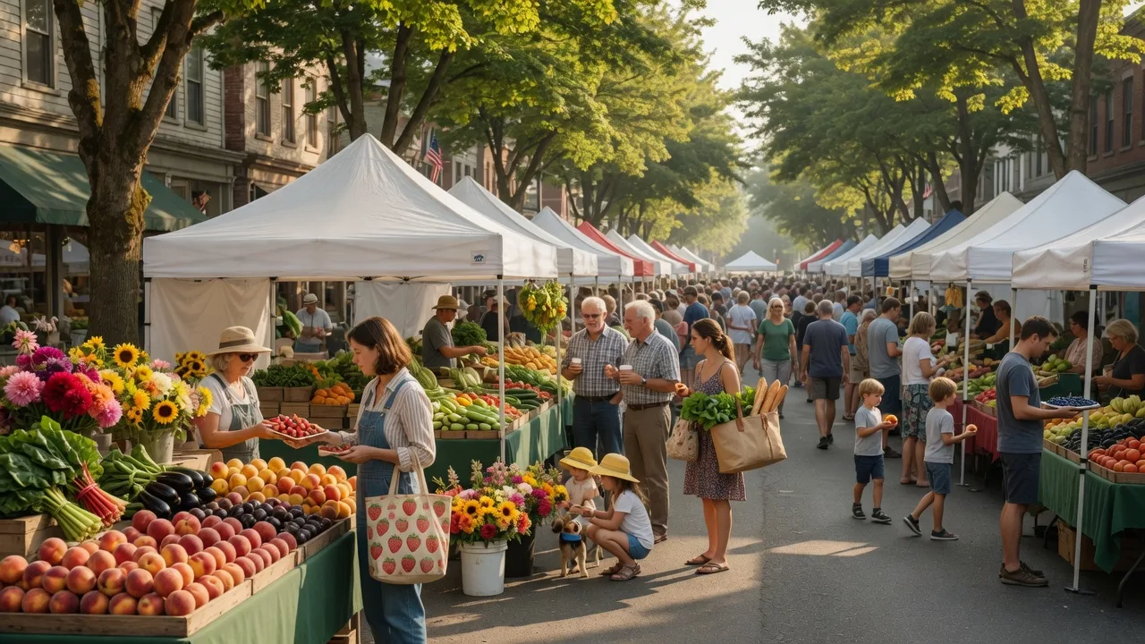 Milwaukie Sunday Farmers Market on Historic Main Street with colorful vendor stalls and shoppers