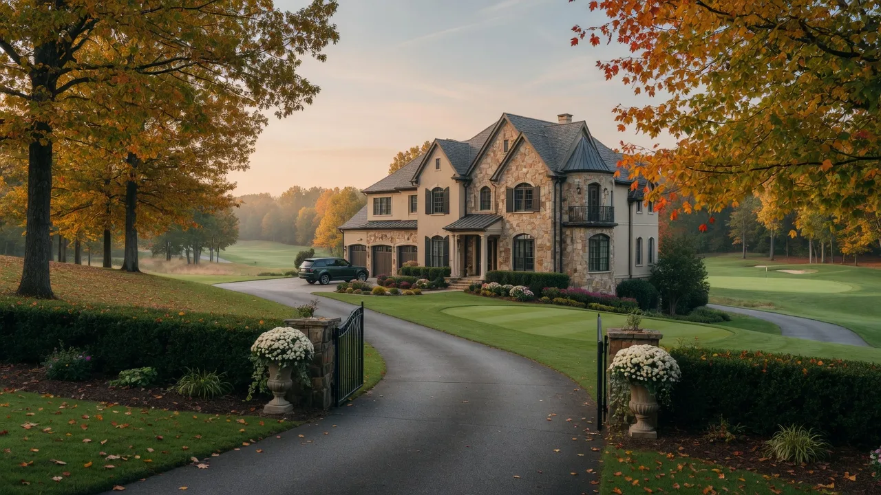 Luxury stone and stucco estate in an upscale Georgia golf course community on a crisp early autumn morning with turning golden leaves and an emerald fairway