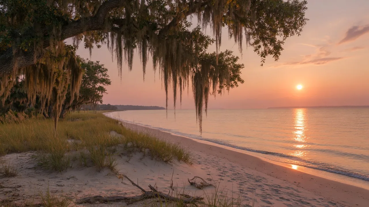 A live oak draped in Spanish moss leaning over a quiet Gulf Coast beach at golden hour, with sea oats and sand dunes in the foreground and the low equinox sun casting a golden path across the Mississippi Sound