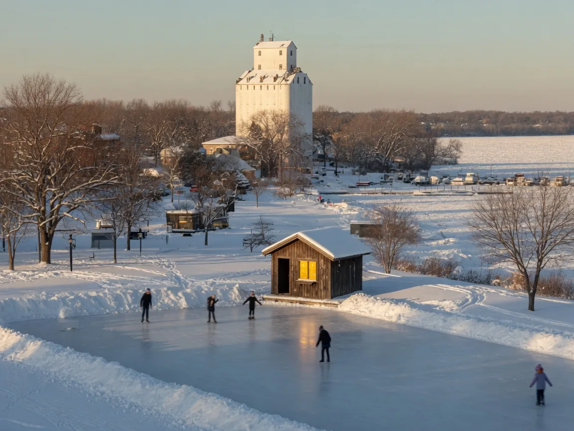 An outdoor skating rink beside the frozen Lake Scugog waterfront in Port Perry in late-afternoon winter light, with the historic grain elevator rising over the snowy lake in the background