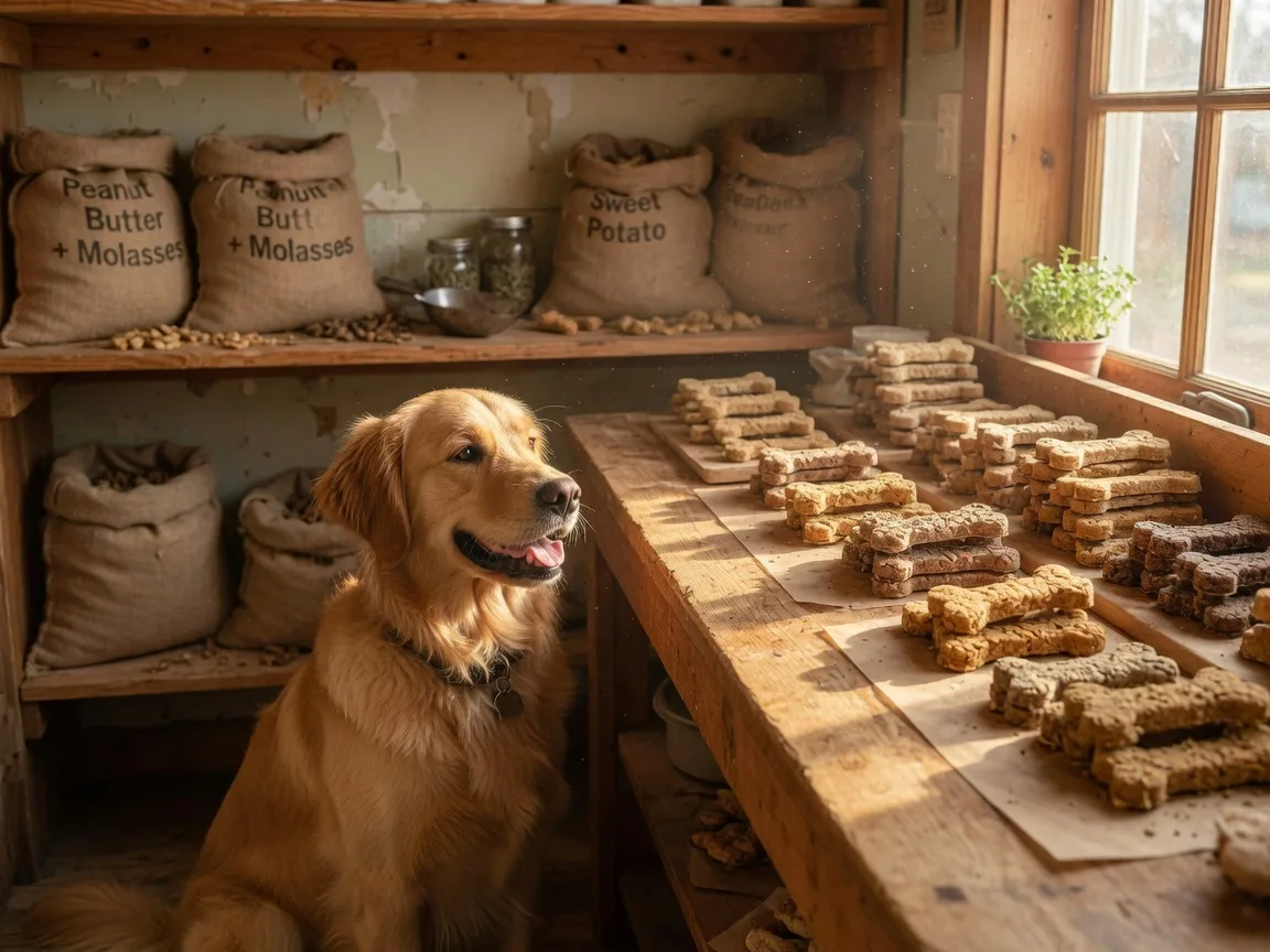 The rustic counter of all-natural dog treats at Boulder Dog Food Company