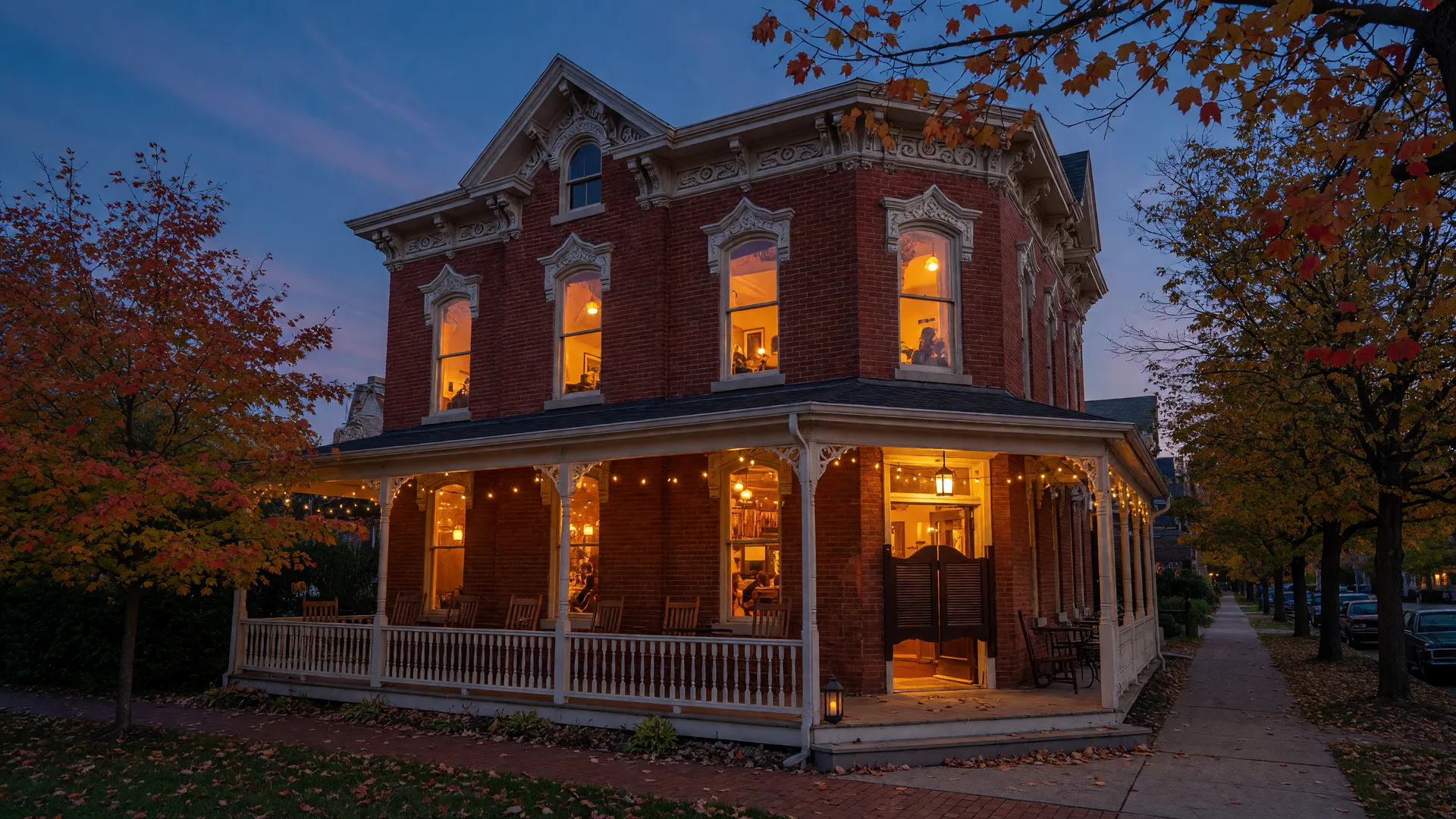 A grand Victorian mansion restaurant glowing warmly at dusk on a tree-lined street near Medina's historic square, string lights on the porch and autumn maples along the sidewalk