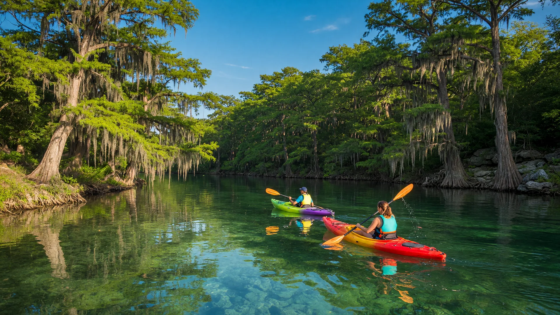 Colorful kayaks gliding through crystal-clear Hill Country river water, framed by cypress trees under a bright blue sky