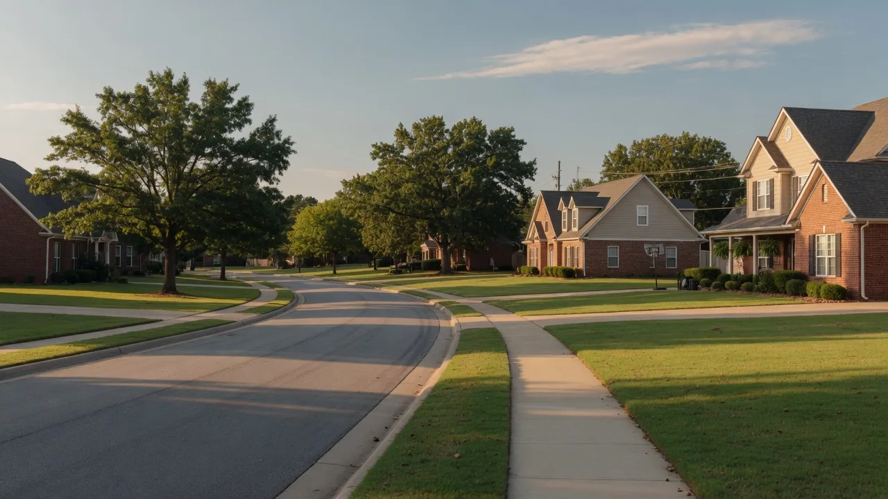 A quiet, tree-lined street in a well-kept suburban neighborhood in Broken Arrow