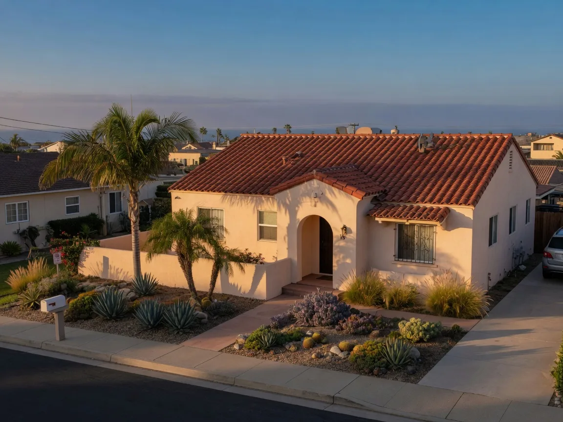 A sunlit cream stucco single-family coastal home in Imperial Beach with a red tile roof and palm trees in the front yard on a quiet beach-town street in ZIP 91932