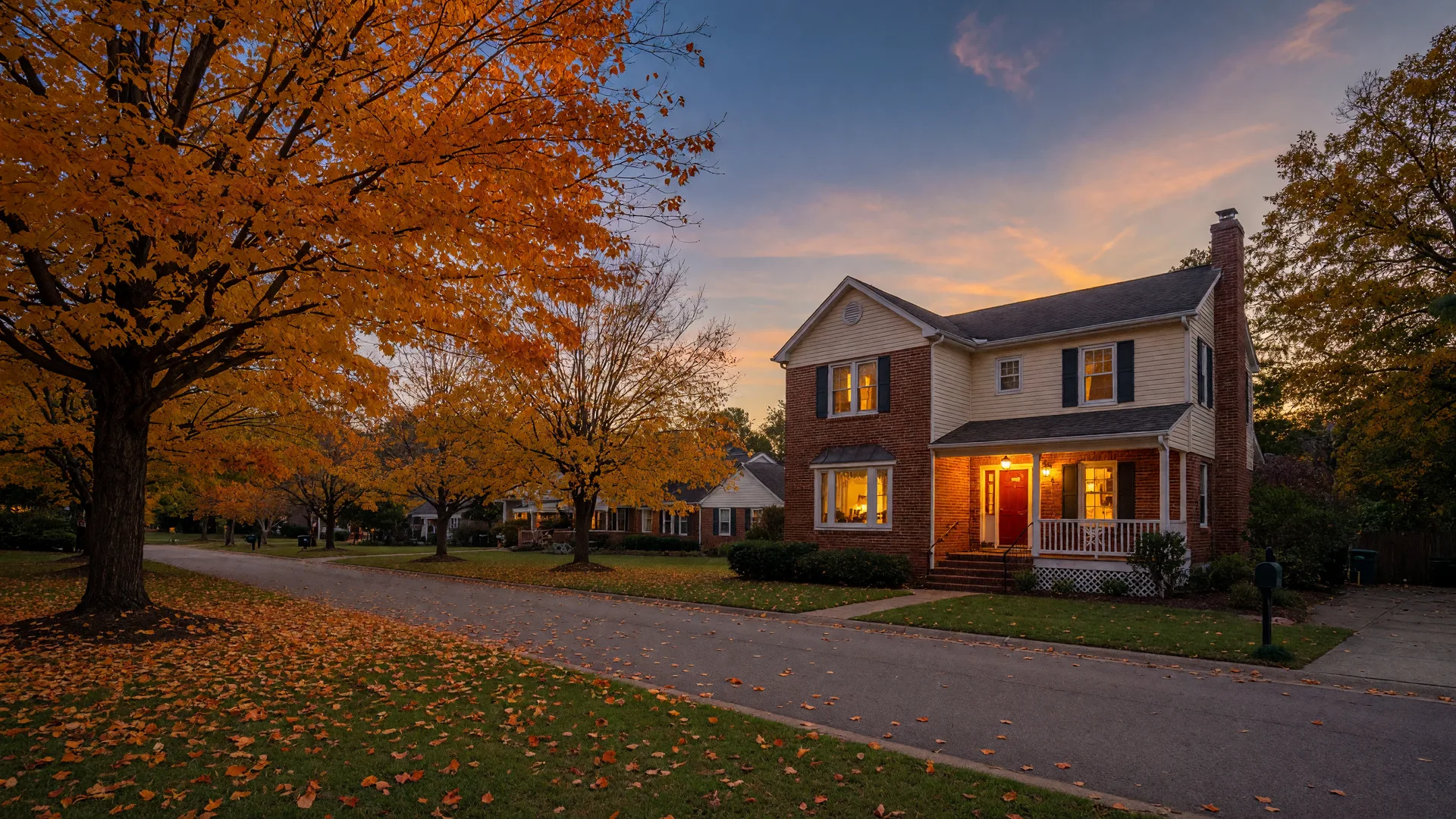 Brick-and-siding Triangle-area family home at dusk in early autumn with trees in full fall color, warm light in the windows, as 30-year rates crossed back above 7%