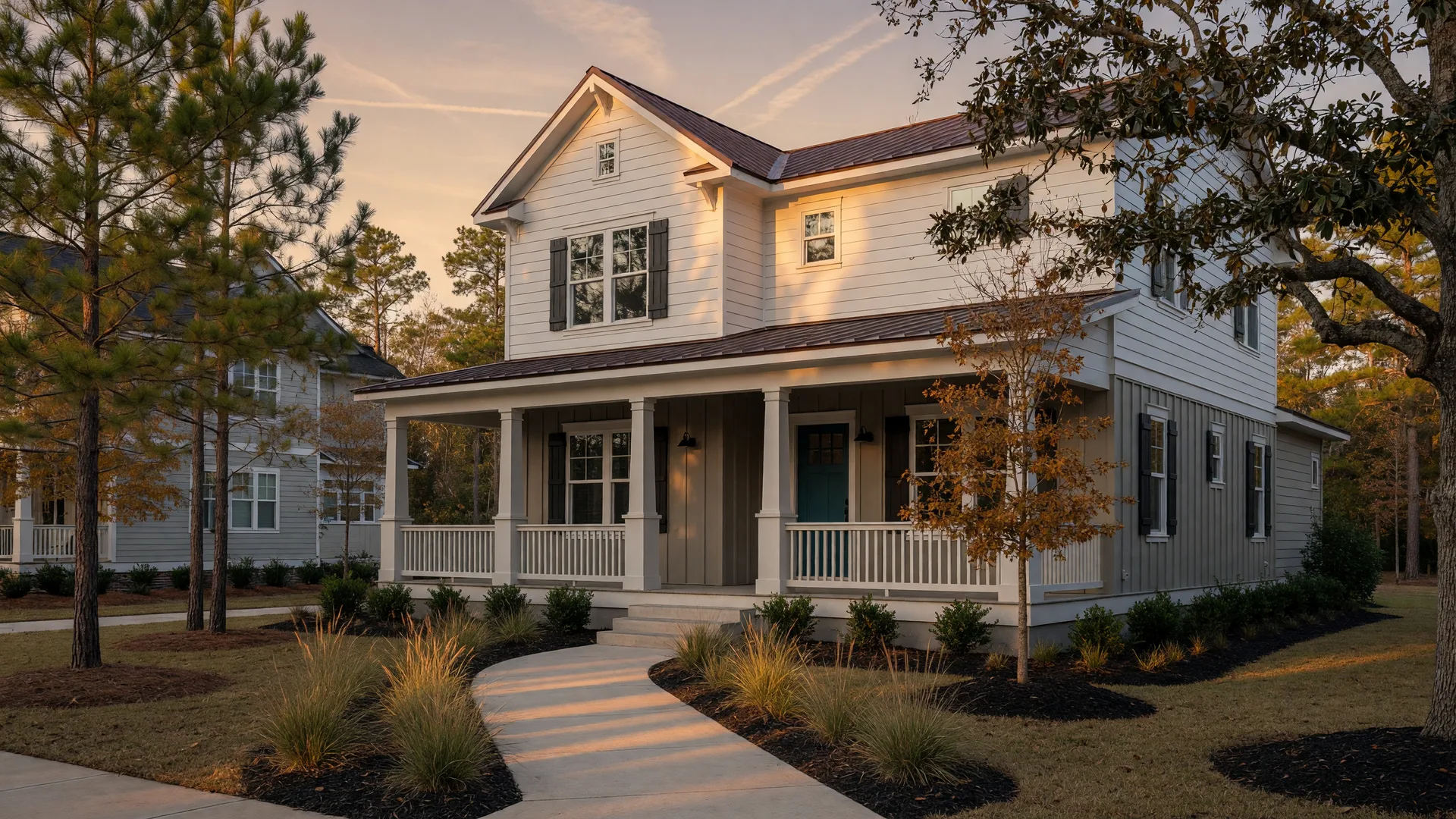 A clean, contemporary two-story home exterior in a Columbia, SC Midlands neighborhood in warm late-afternoon light