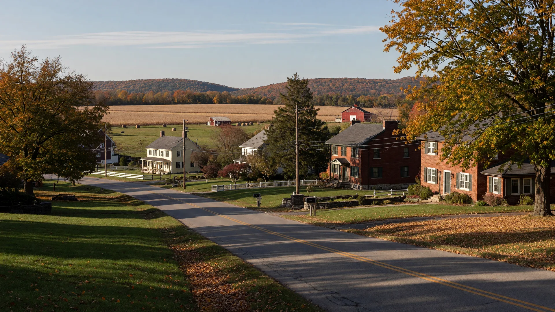 Autumn landscape of the Philadelphia suburbs of Montgomery County, Pennsylvania, with homes set back from a winding road