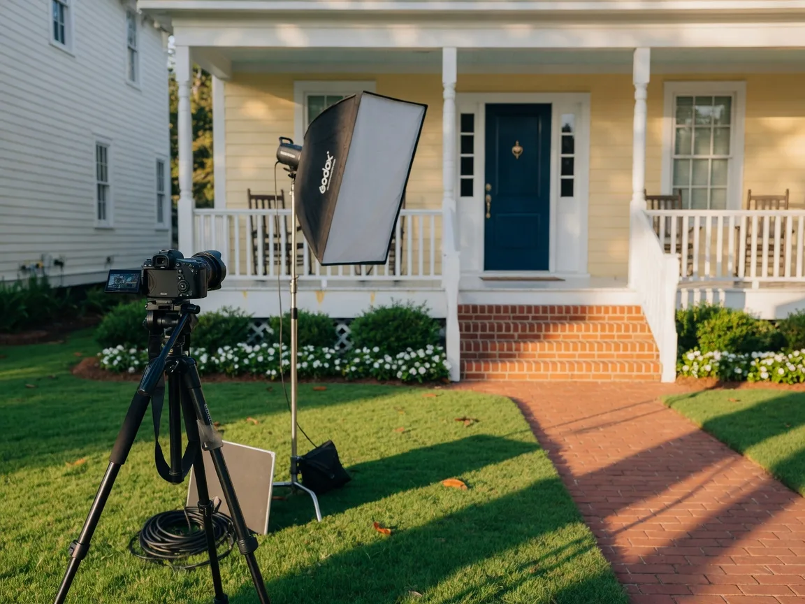 A professional camera on a tripod with a softbox light panel set up on the lawn of a lowcountry cottage with a white front porch