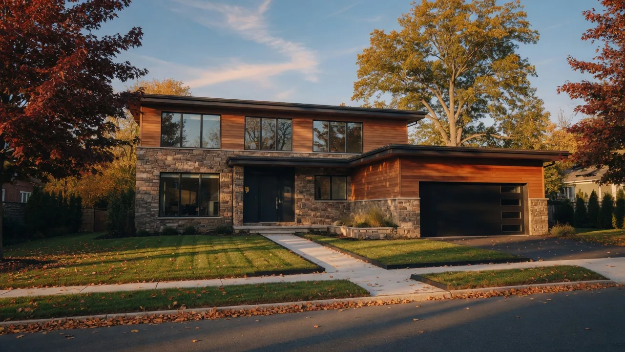 Modern suburban home in golden-hour light