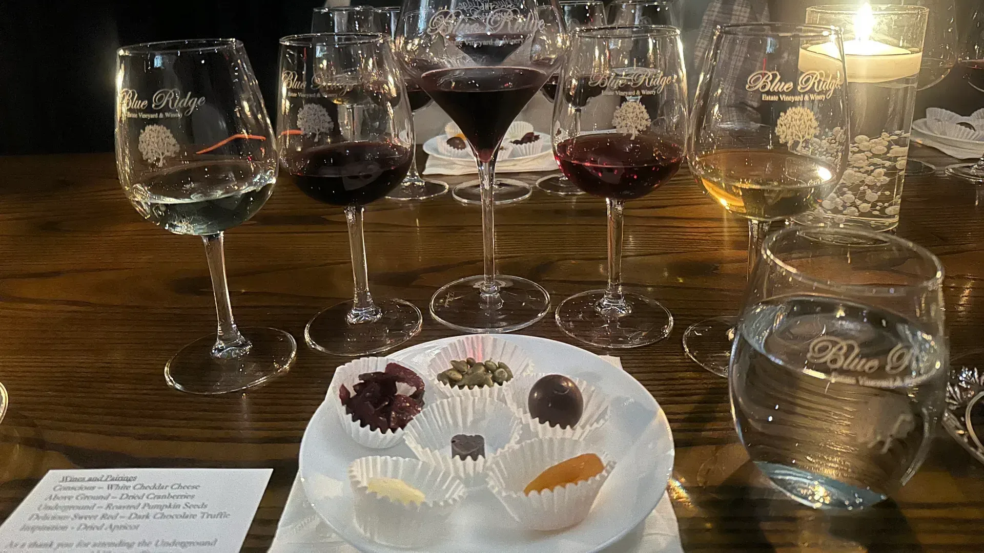 A flight of wines at the Underground Experience at Blue Ridge Estate Winery