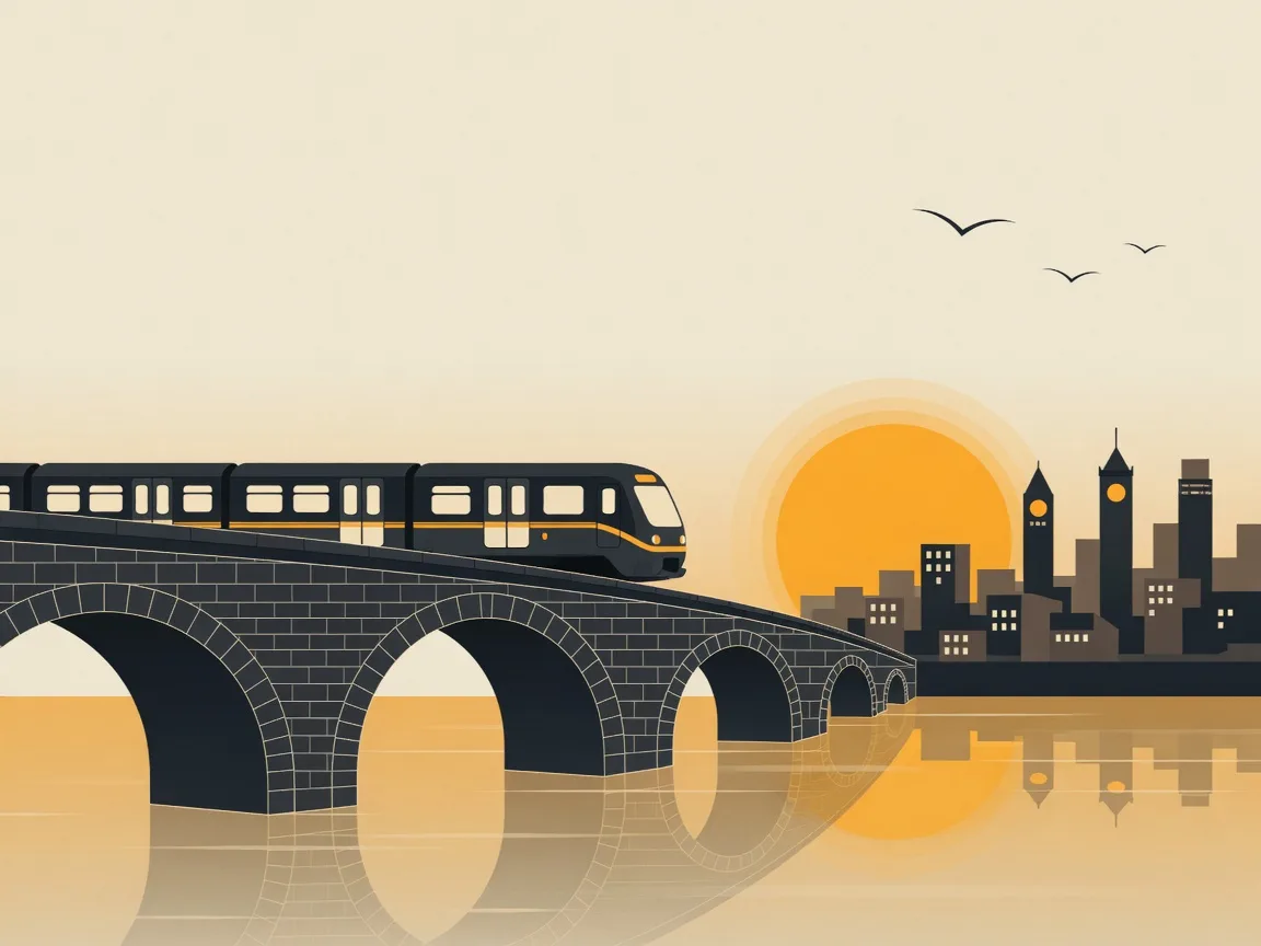 Editorial illustration of a commuter train crossing an arched bridge toward a city skyline at sunrise