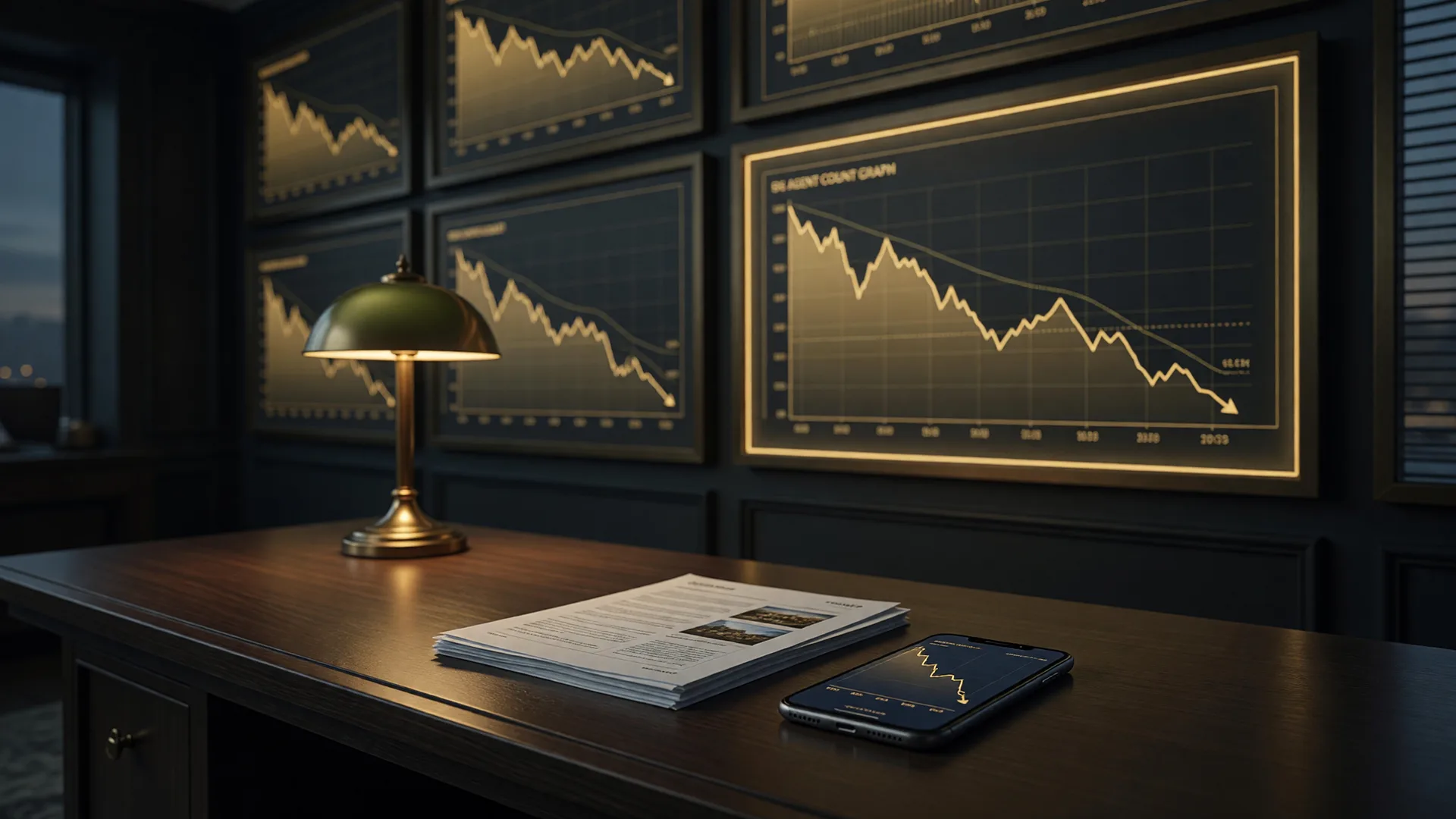 A dark real estate office at dusk with gold descending chart lines on the wall and listing reports on the desk, representing the shrinking agent count and the inventory the winners turn into listings