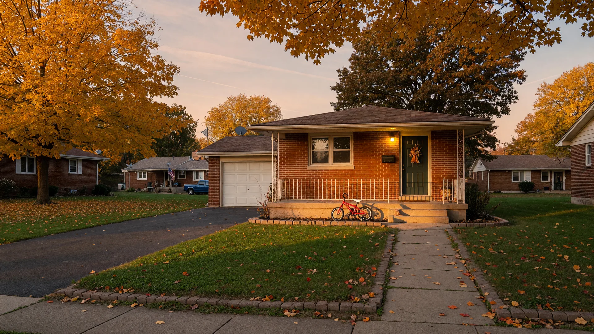 A welcoming single-story brick ranch home in a Northwest Indiana neighborhood on a crisp October afternoon with golden maple trees, a bicycle against the porch, and a glowing porch light