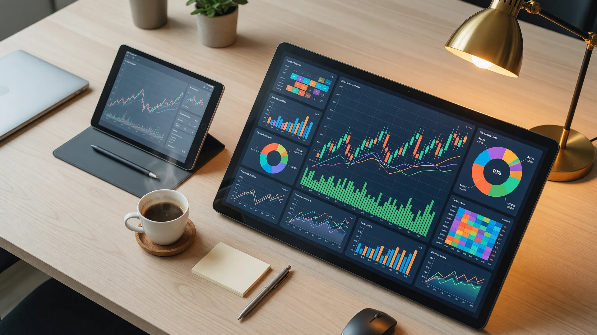 Modern desk with monitor displaying financial charts and data dashboards
