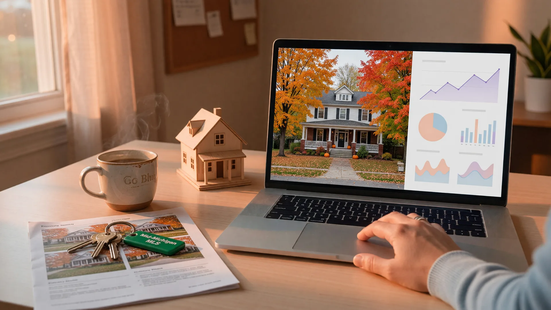 A laptop on a golden-hour home-office desk showing a virtual tour of a two-story Mid-Michigan home beside an AI analytics dashboard, with house keys, a printed property report, and a coffee mug