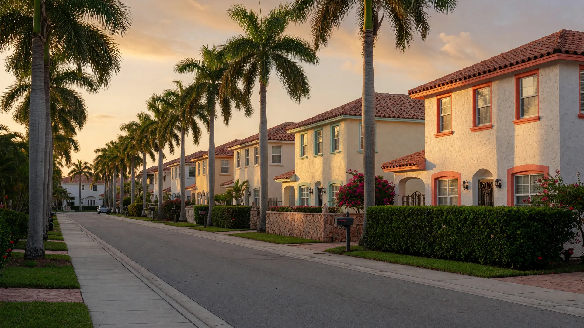 A quiet Palm Beach County street at golden hour with Mediterranean-style homes and royal palms lining the sidewalk.