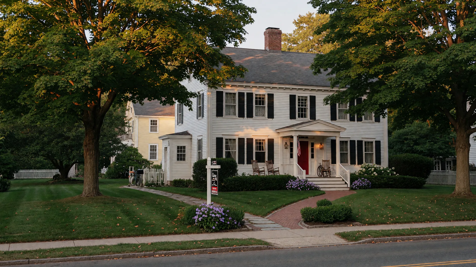 A classic New England colonial home in a quiet Connecticut neighborhood at golden hour, with a For Sale sign near the walkway