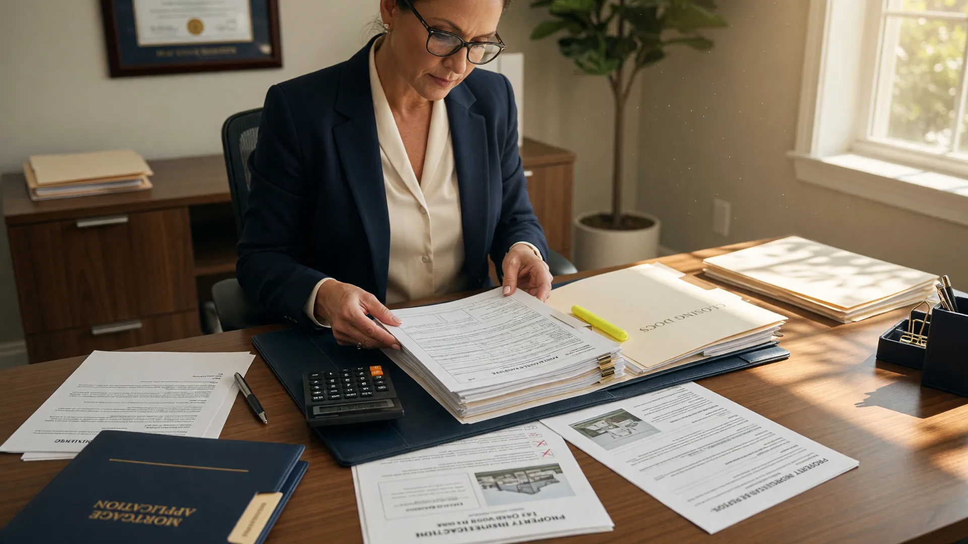 Mortgage documents and calculator on a desk prepared for a home purchase