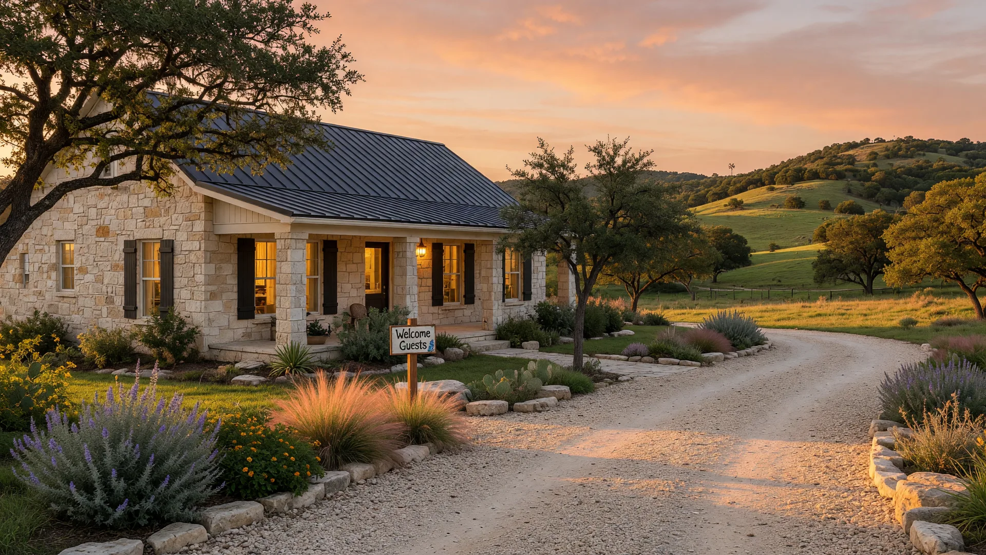 Charming Hill Country vacation rental home with limestone facade, metal roof, and warm evening lighting