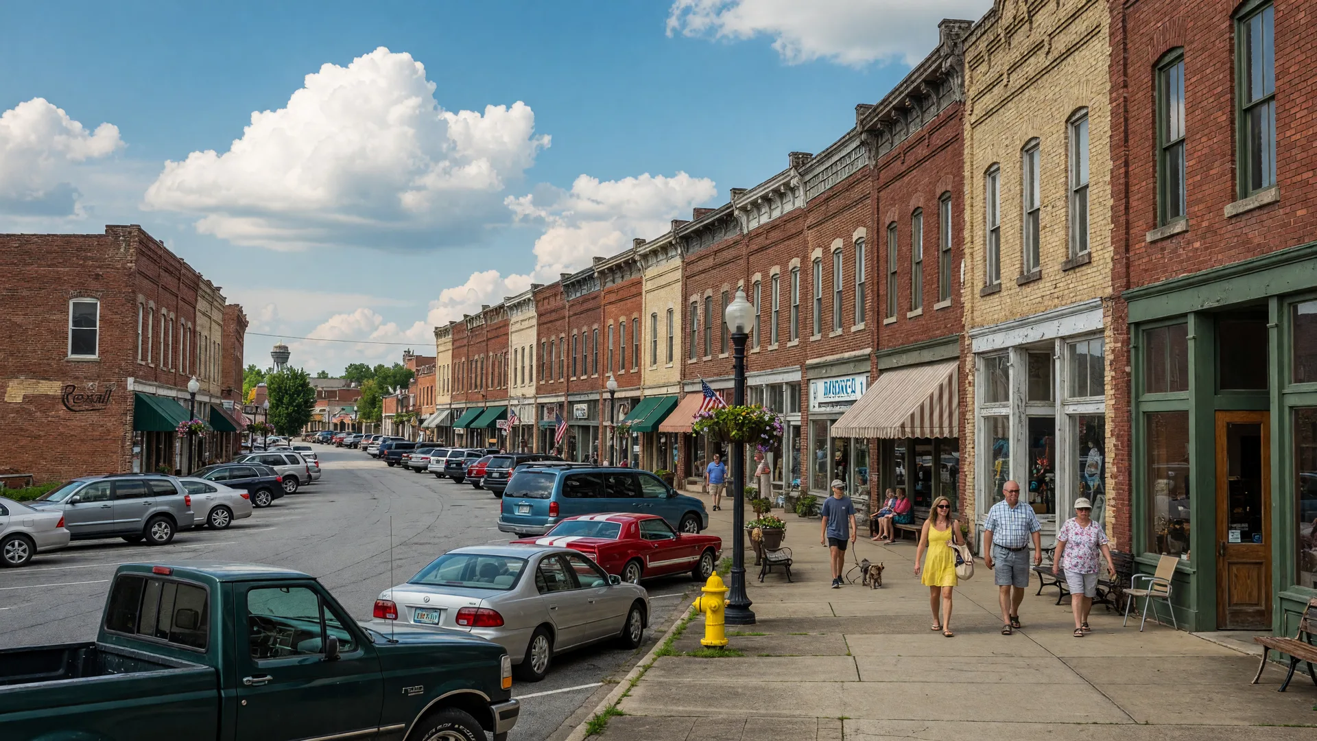 Lively Saturday afternoon in downtown Hartwell, Georgia, showing historic 1880s storefronts with people on the sidewalk under a blue summer sky