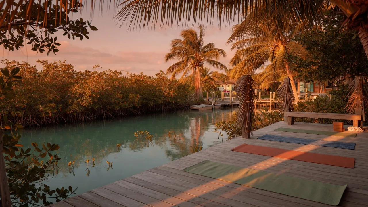 Outdoor yoga deck overlooking a turquoise canal in Islamorada at golden hour with yoga mats, tropical mangroves, and palm trees